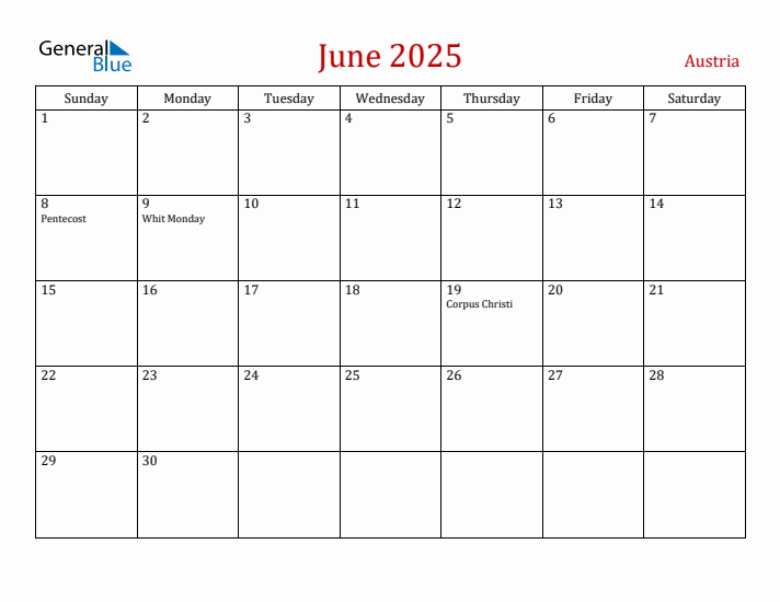 Austria June 2025 Calendar - Sunday Start