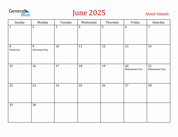 Aland Islands June 2025 Calendar - Sunday Start