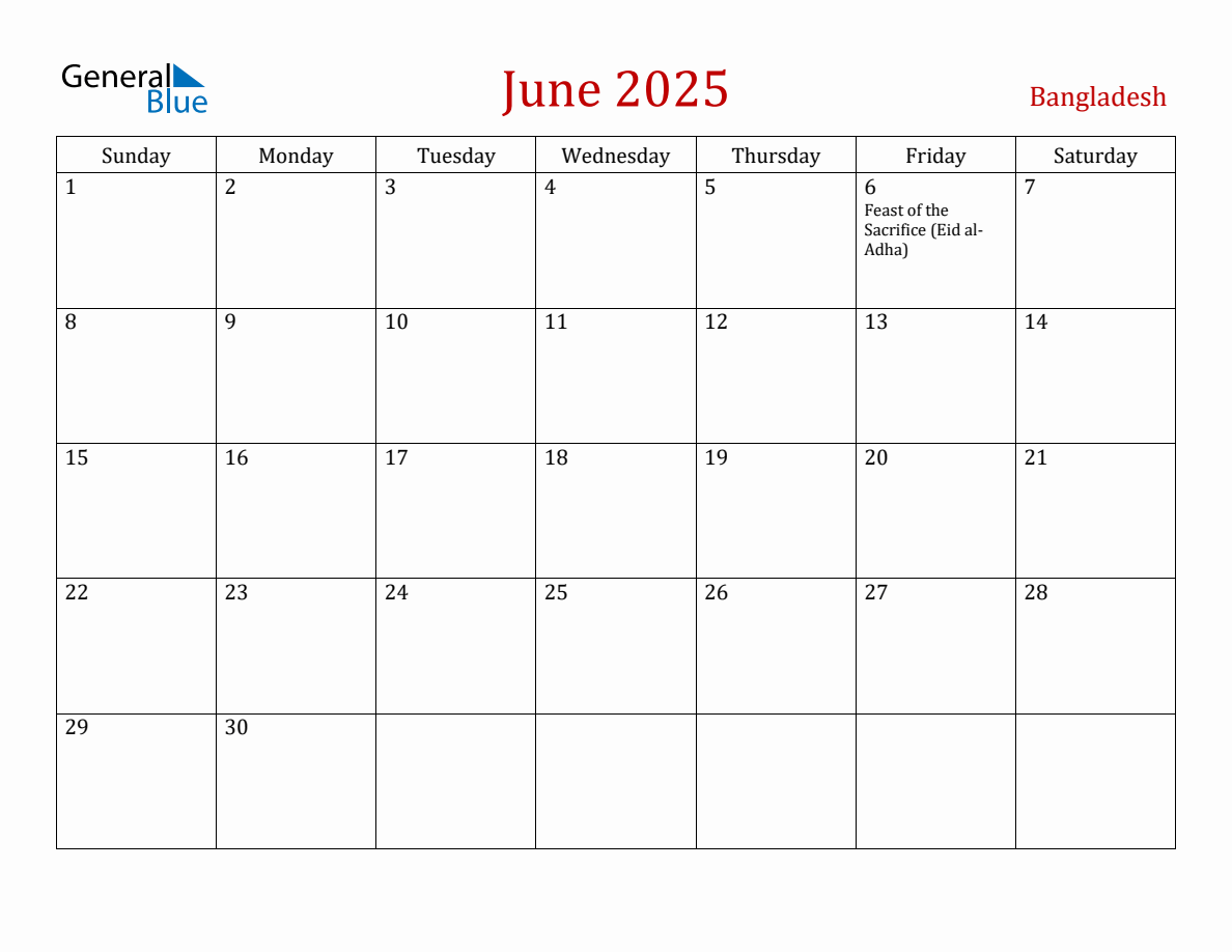 June 2025 Bangladesh Monthly Calendar with Holidays