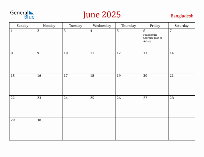 Bangladesh June 2025 Calendar - Sunday Start