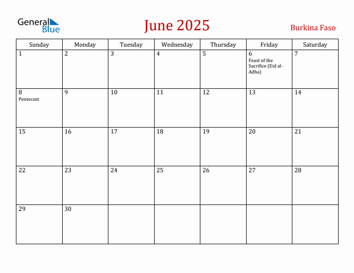 Burkina Faso June 2025 Calendar - Sunday Start