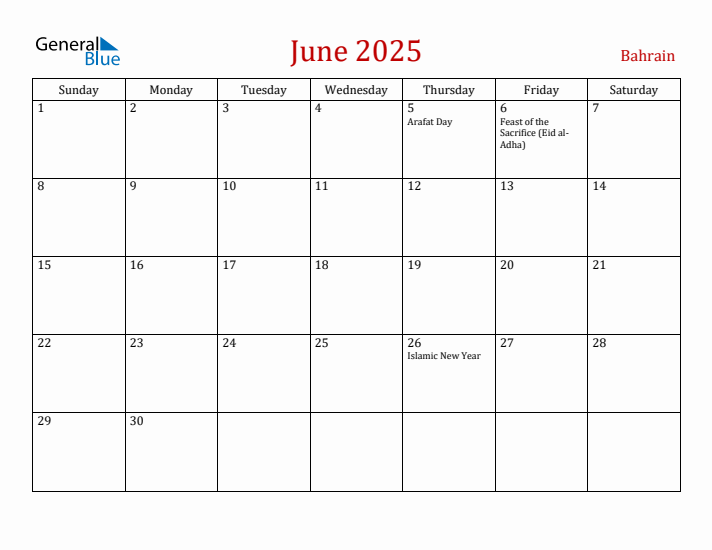 Bahrain June 2025 Calendar - Sunday Start