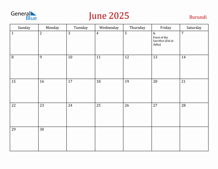 Burundi June 2025 Calendar - Sunday Start