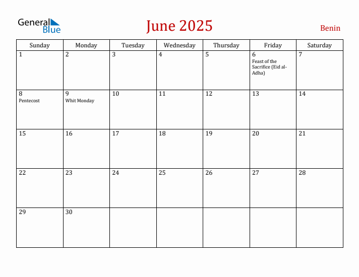 Benin June 2025 Calendar - Sunday Start