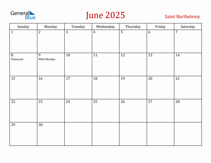 Saint Barthelemy June 2025 Calendar - Sunday Start