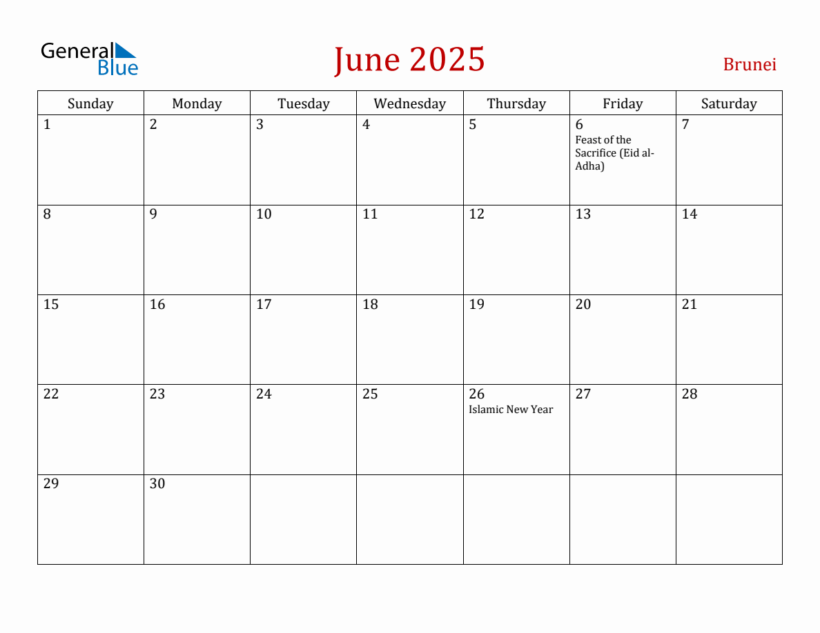 June 2025 Brunei Monthly Calendar with Holidays