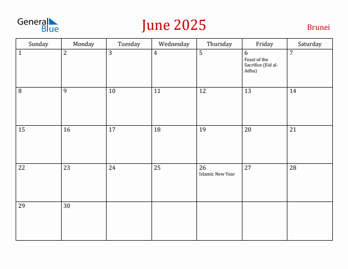 Brunei June 2025 Calendar - Sunday Start