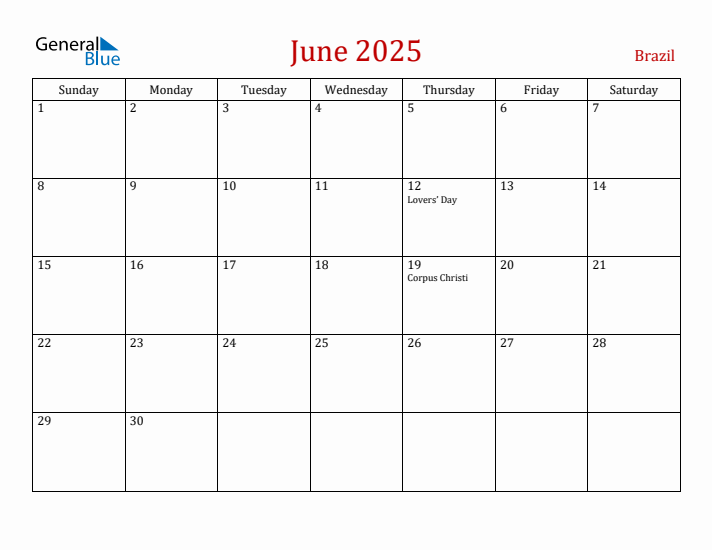 Brazil June 2025 Calendar - Sunday Start