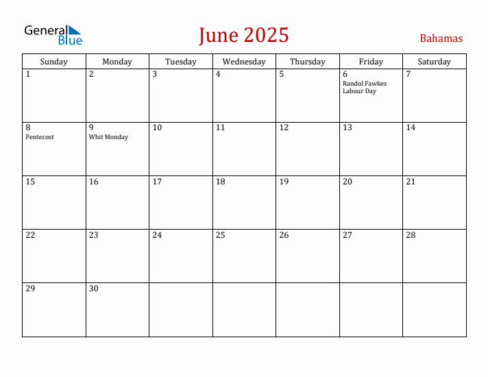 Bahamas June 2025 Calendar - Sunday Start