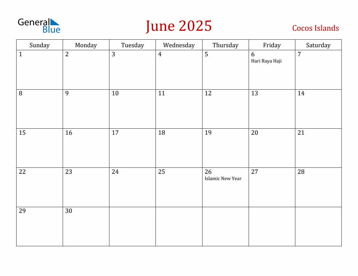 June 2025 Cocos Islands Monthly Calendar with Holidays