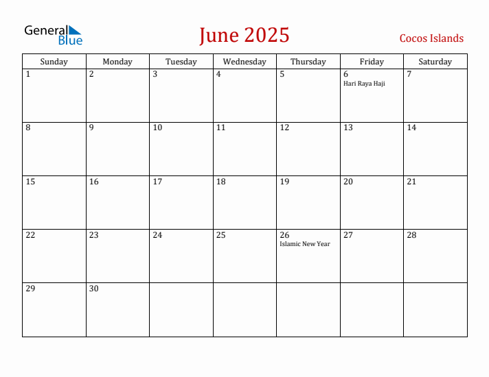 Cocos Islands June 2025 Calendar - Sunday Start