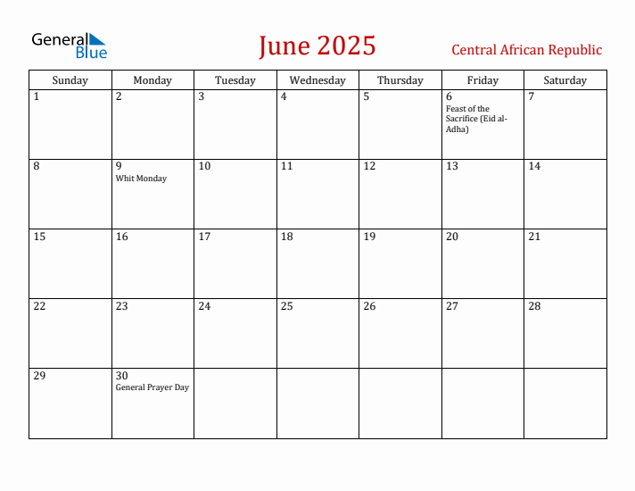 Central African Republic June 2025 Calendar - Sunday Start