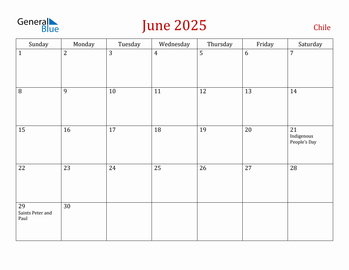 June 2025 Chile Monthly Calendar with Holidays