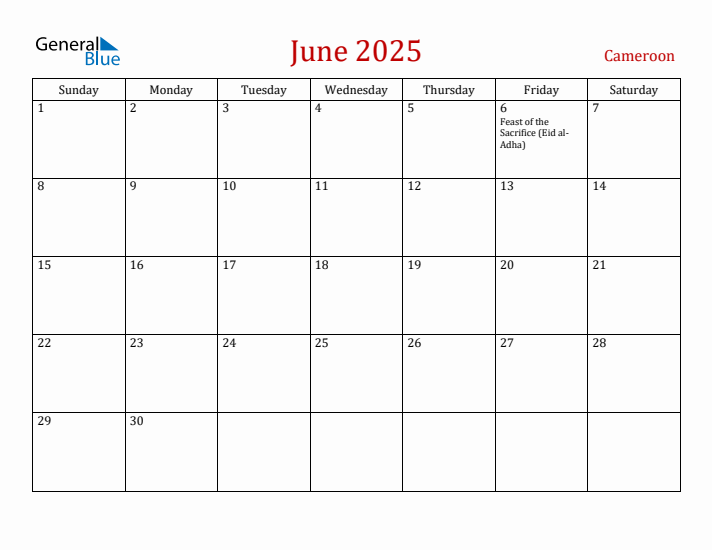 Cameroon June 2025 Calendar - Sunday Start
