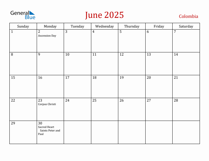 Colombia June 2025 Calendar - Sunday Start