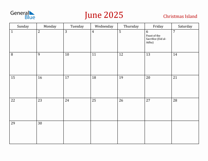Christmas Island June 2025 Calendar - Sunday Start