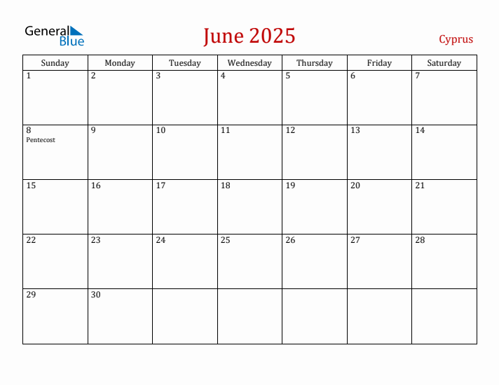 Cyprus June 2025 Calendar - Sunday Start