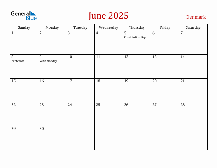 Denmark June 2025 Calendar - Sunday Start