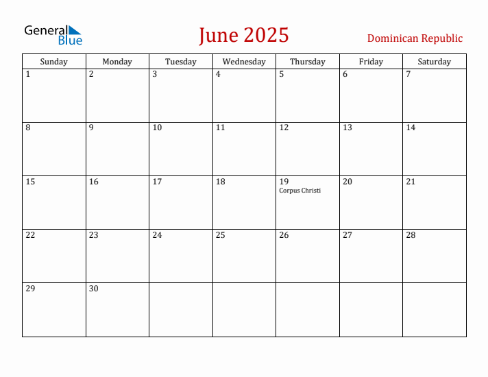 Dominican Republic June 2025 Calendar - Sunday Start