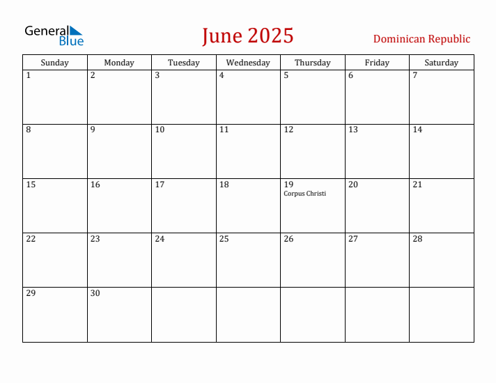 June 2025 Calendar with Dominican Republic Holidays