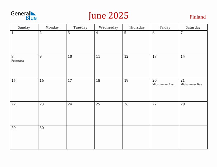 Finland June 2025 Calendar - Sunday Start