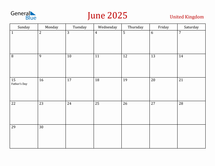 June 2025 Monthly Calendar with United Kingdom Holidays