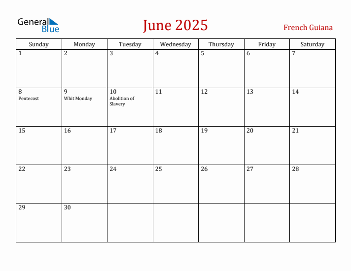 French Guiana June 2025 Calendar - Sunday Start