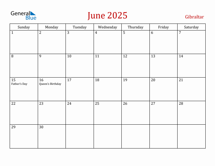 Gibraltar June 2025 Calendar - Sunday Start