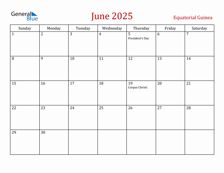 Equatorial Guinea June 2025 Calendar - Sunday Start