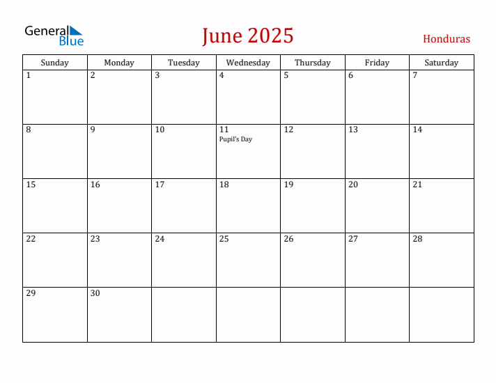 Honduras June 2025 Calendar - Sunday Start