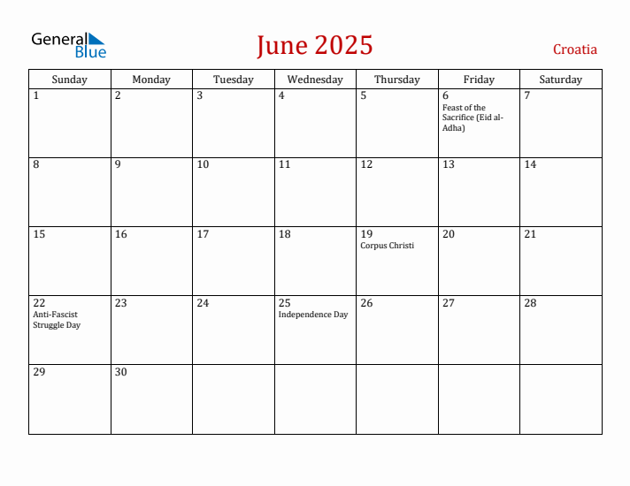 Croatia June 2025 Calendar - Sunday Start