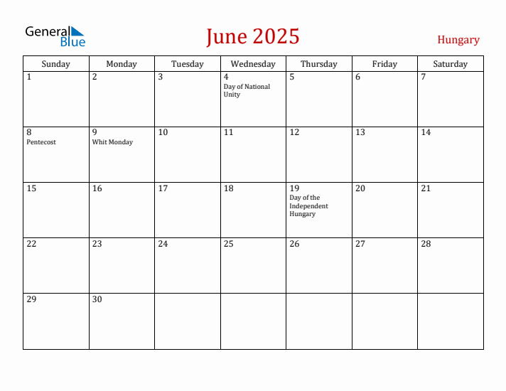 Hungary June 2025 Calendar - Sunday Start