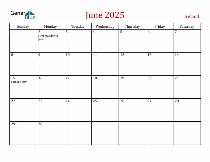 Ireland June 2025 Calendar - Sunday Start