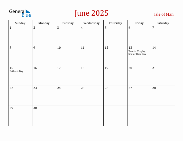 Isle of Man June 2025 Calendar - Sunday Start