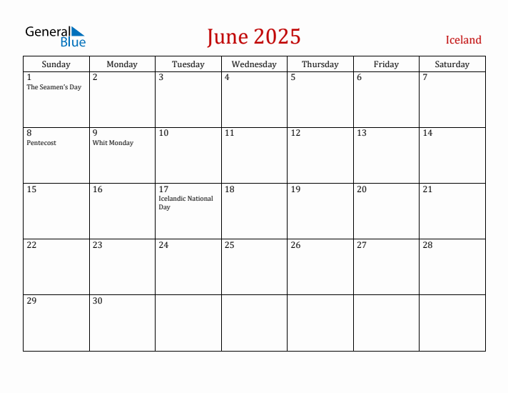 Iceland June 2025 Calendar - Sunday Start