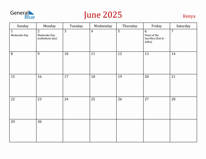 Kenya June 2025 Calendar - Sunday Start