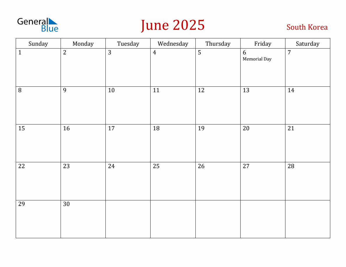 June 2025 South Korea Monthly Calendar with Holidays