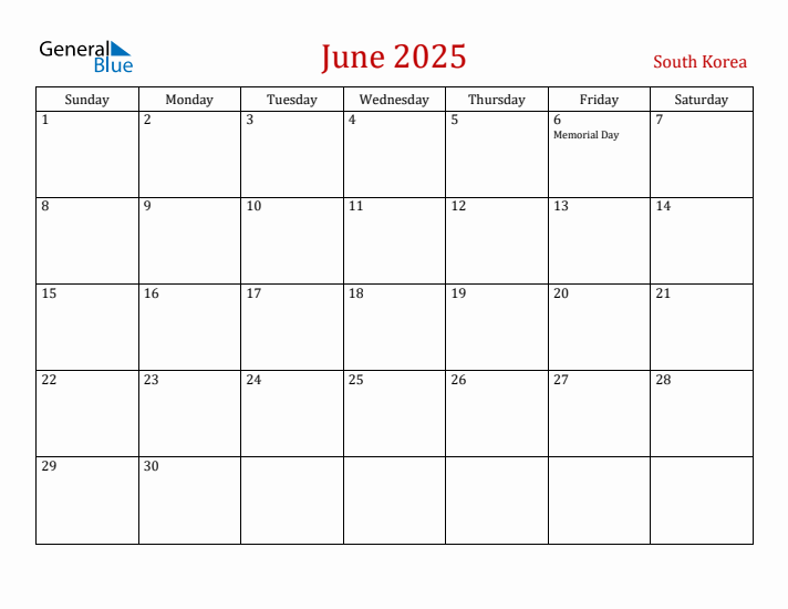 South Korea June 2025 Calendar - Sunday Start