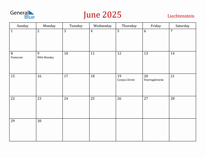 Liechtenstein June 2025 Calendar - Sunday Start