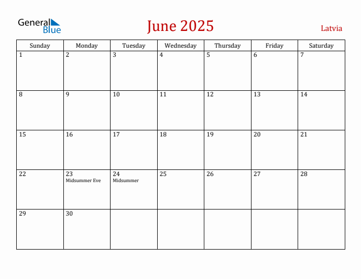 Latvia June 2025 Calendar - Sunday Start