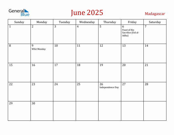 Madagascar June 2025 Calendar - Sunday Start