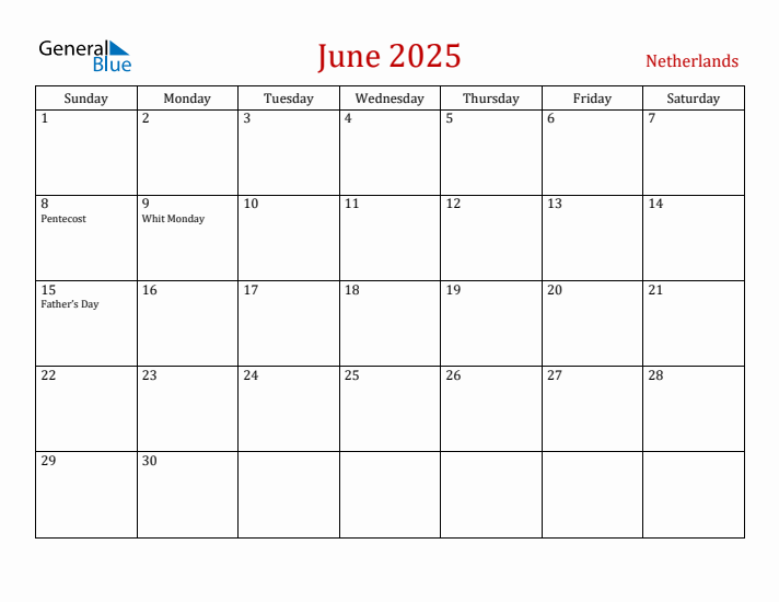 The Netherlands June 2025 Calendar - Sunday Start