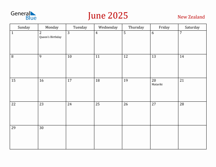New Zealand June 2025 Calendar - Sunday Start