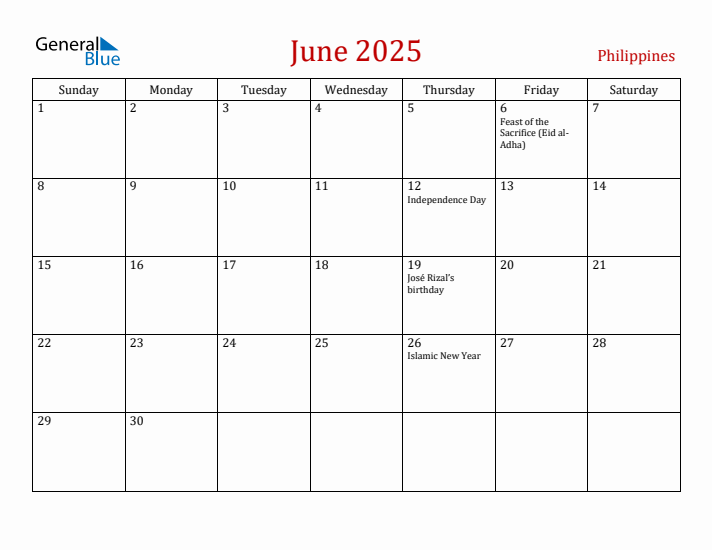 June 2025 Philippines Monthly Calendar with Holidays