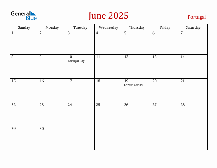 Portugal June 2025 Calendar - Sunday Start
