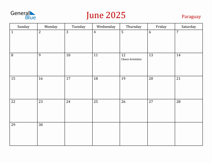 Paraguay June 2025 Calendar - Sunday Start