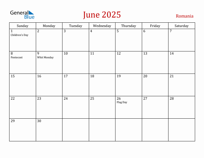 Romania June 2025 Calendar - Sunday Start