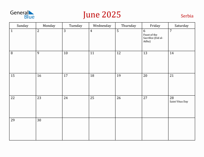 Serbia June 2025 Calendar - Sunday Start