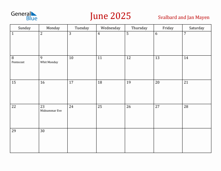 Svalbard and Jan Mayen June 2025 Calendar - Sunday Start