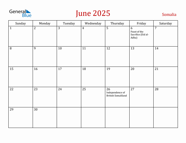 Somalia June 2025 Calendar - Sunday Start